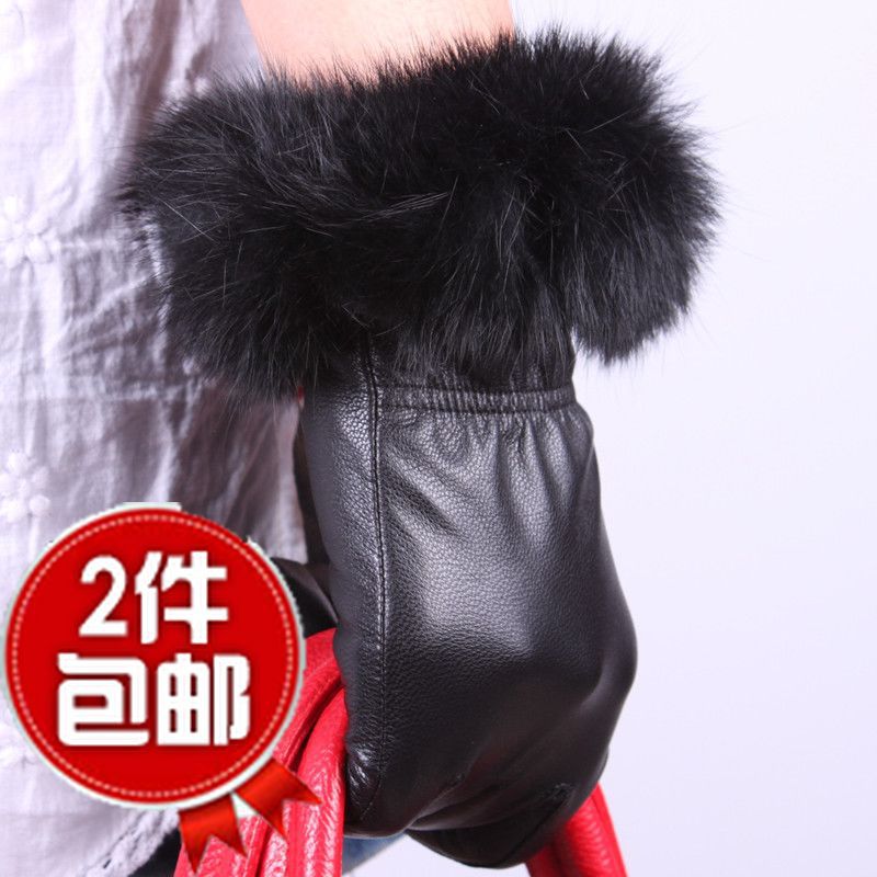 Women's solid color rabbit fur leather gloves female thin genuine leather gloves sheepskin gloves sheepskin genuine leather