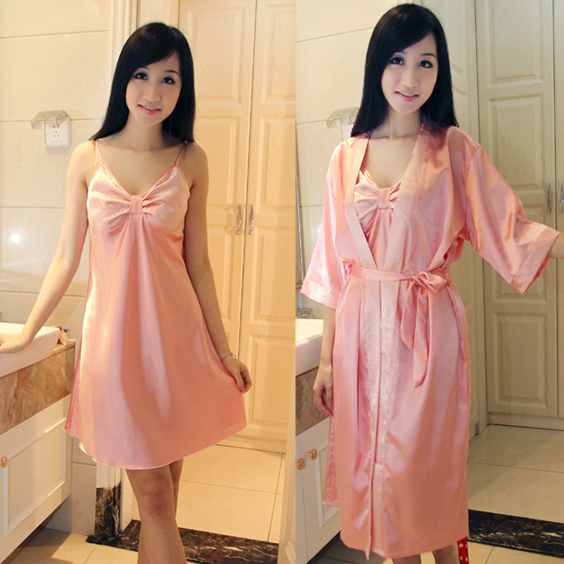 Women's spaghetti strap sleepwear sexy nightgown robe twinset plus size faux silk nightgown