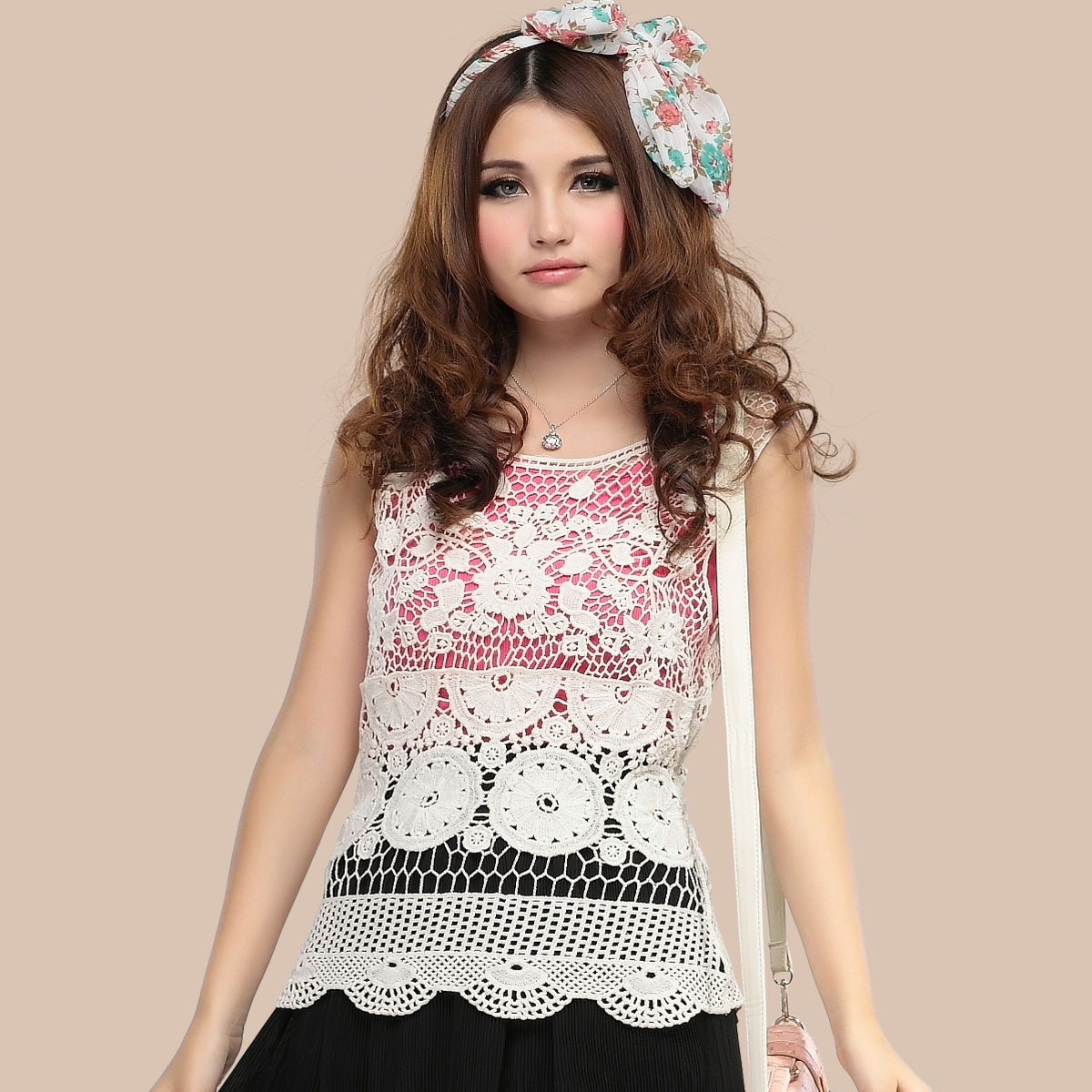 Women's Spring 100% cotton sleeveless elegant clothing slim crochet lace cutout sweater 337