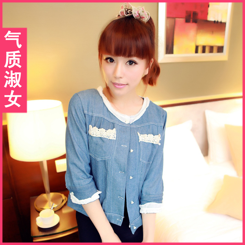 Women's spring 2013 empty thread lace three quarter sleeve denim outerwear c832 female short jacket