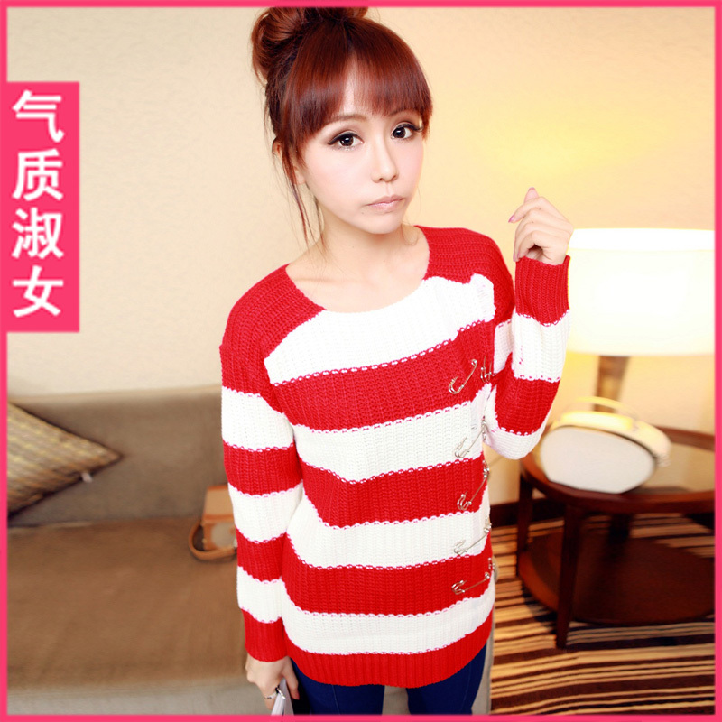 Women's spring 2013 large pin thick yarn long design o-neck stripe loose sweater h659