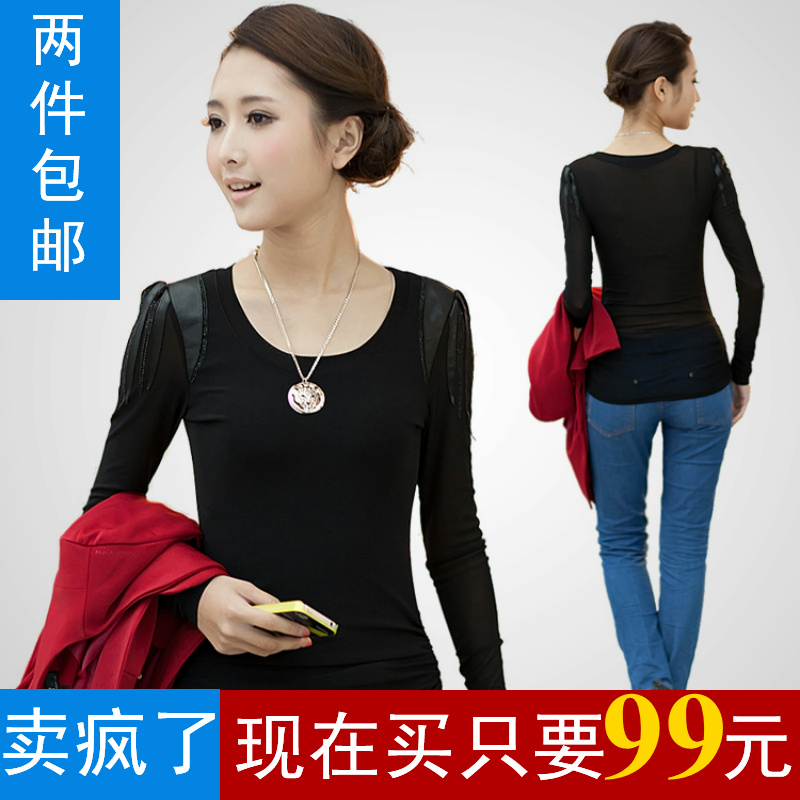 Women's spring 2013 mushroom women's leather patchwork gauze long-sleeve t-shirt female