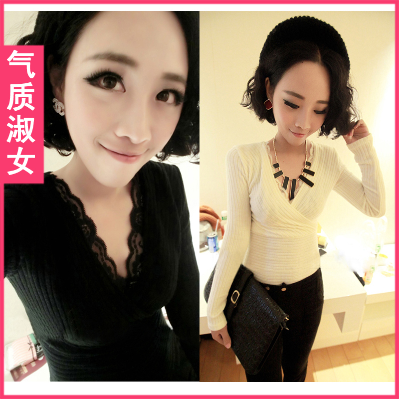 Women's spring 2013 V-neck lace knitted slim waist top basic shirt v677 spring