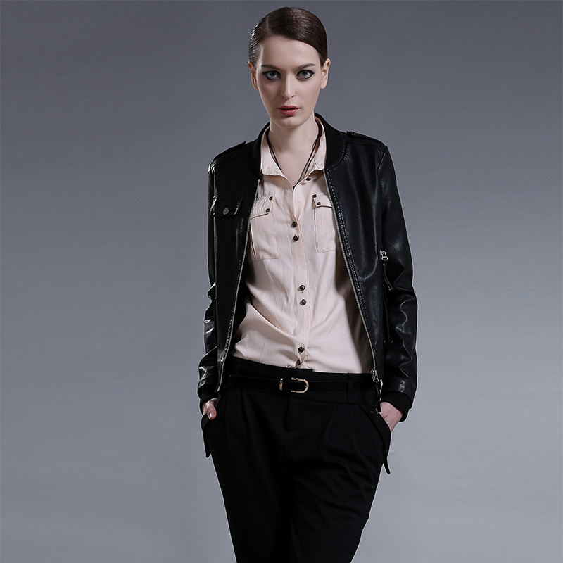 Women's spring and autumn motorcycle leather clothing pew female slim crew neck jacket outerwear casual