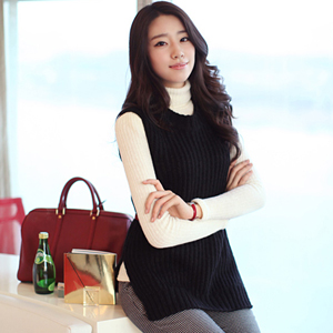 Women's spring and autumn slim o-neck long sweater pullover design basic sweater low-high tank dress