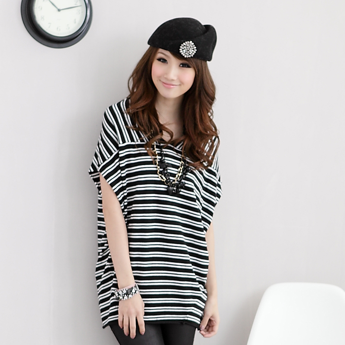 Women's spring fashion patchwork stripe long plus size V-neck t219 sweater free shiping