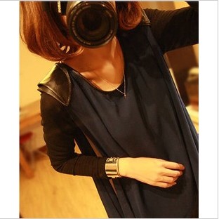 Women's spring faux leather two piece set pads knitted long-sleeve chiffon top basic t shirt