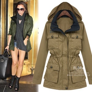 Women's spring new arrival 2013 Army Green tooling slim drawstring waist with a hood trench