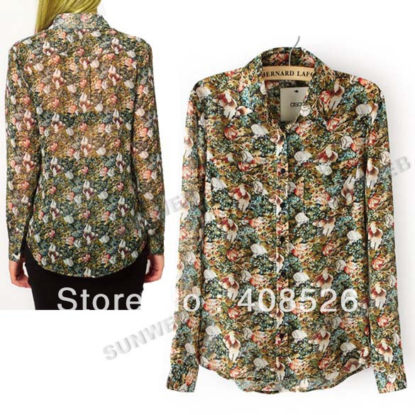 Women's Spring Summer Europe Style Floral Print Turndown Collar Chiffon T Shirt Top Blouse Free shipping 111116