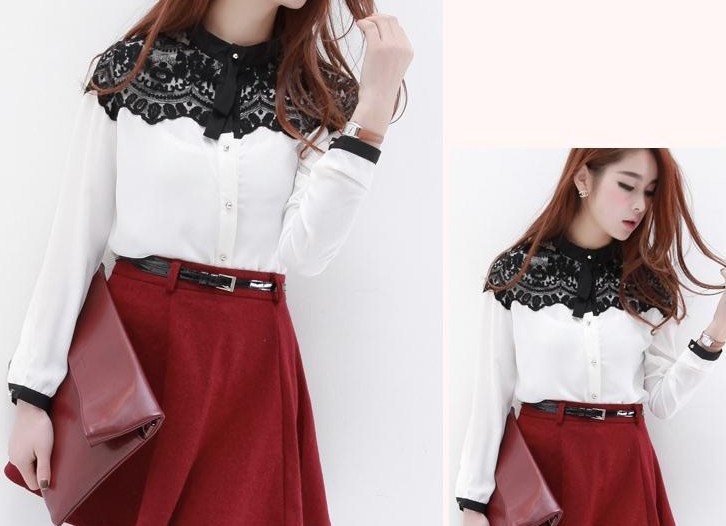 Women's Stand Collar Lace Shoulder Long Sleeve Brief Chiffon Blouse Tops M/L