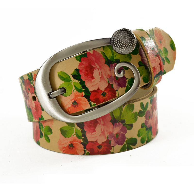 Women's strap print rose flower genuine leather wide belt fashion vintage personality