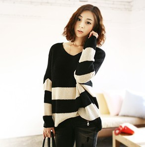 Women's stripe medium-long V-neck batwing sleeve sweater loose outerwear plus size shirt batwing shirt sweater