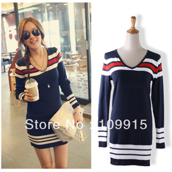 Women's Stripe Scoop Neck Stretch knits Shirt Sweater Dress Pullover Jumper  HR457M