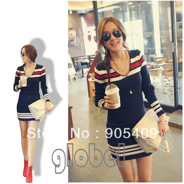 Women's Stripe Scoop Neck Stretch knits Shirt Sweater Dress Pullover Jumper New  HR457M