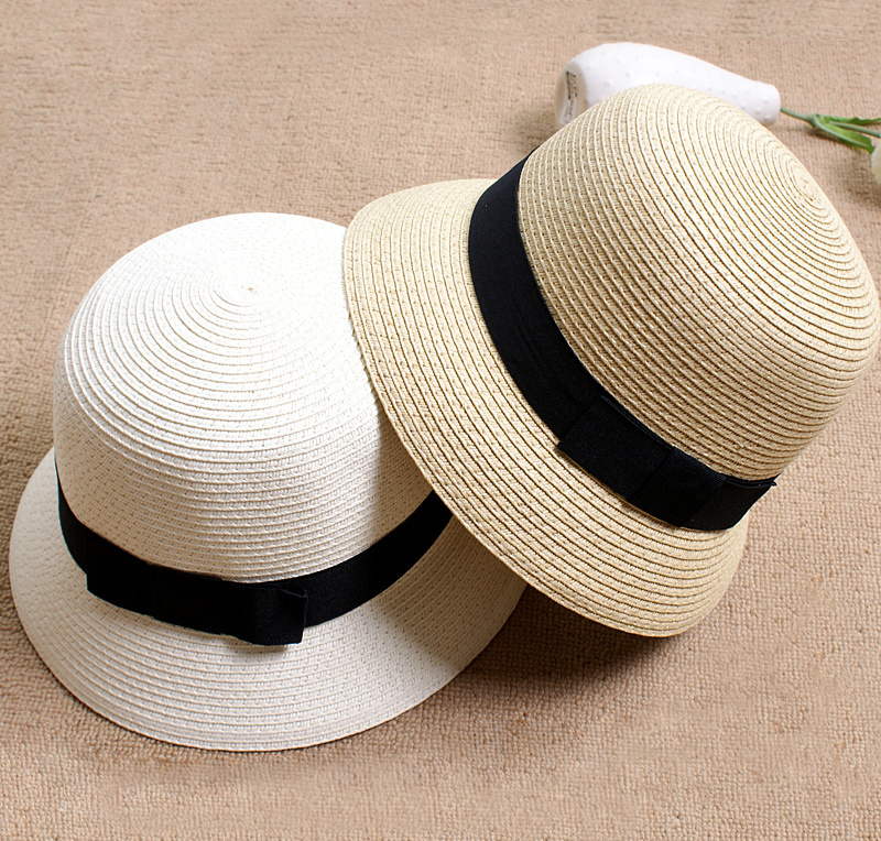 Women's summer bucket hats sunbonnet straw braid bow strawhat dome hat