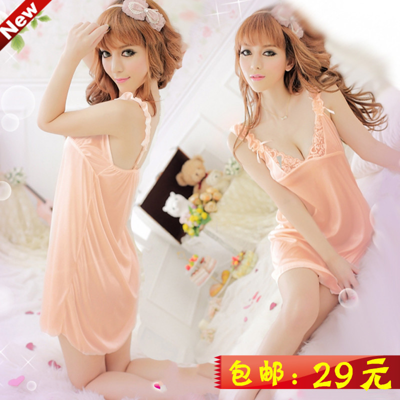 Women's summer faux silk plus size sexy sleepwear princess spaghetti strap nightgown temptation transparent underwear