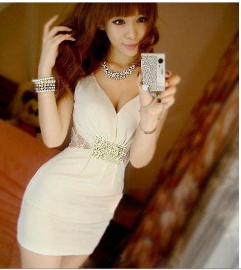 Women's summer korean dress  v-neck mini ladies' pearl lace sexy  night club fashon dress free shipping
