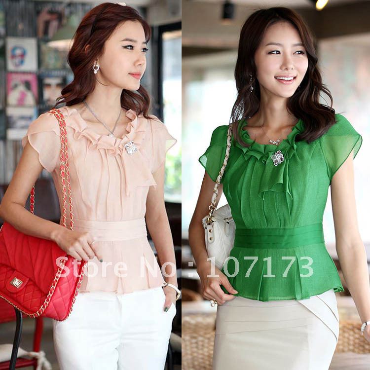 Women's Summer Slim Women's Blouse Ruffle Top Short-sleeve Sweet Chiffon Shirt