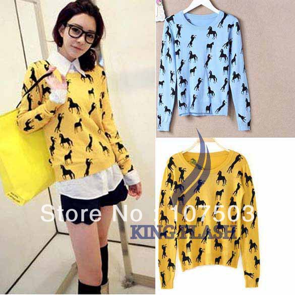 Women's Sweater Crew Neck Comfort Slim Long Sleeve Horse Patterns Print Knitted Sweater Free shipping 7945