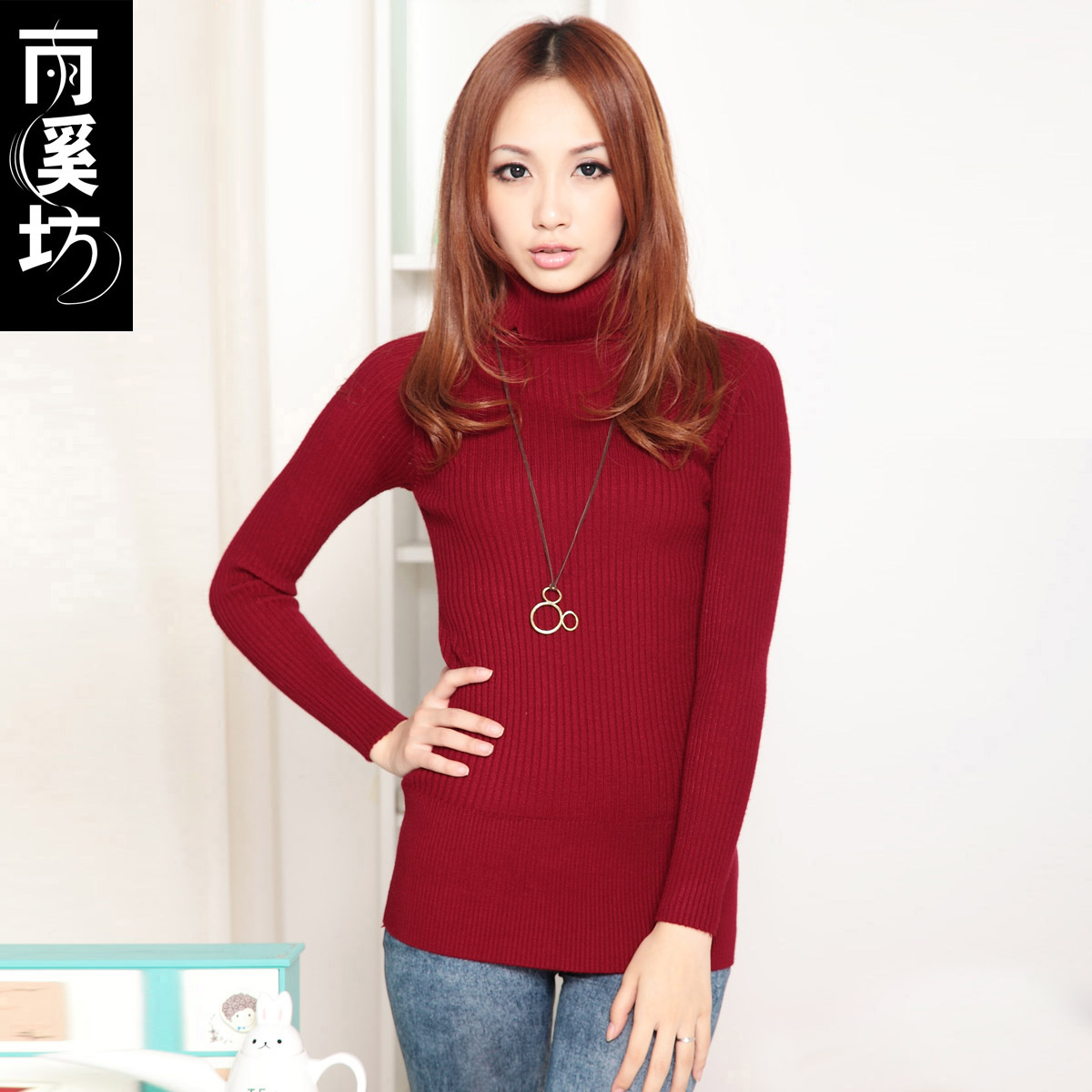 Women's sweater medium-long slim hip basic vintage white turtleneck sweater women's