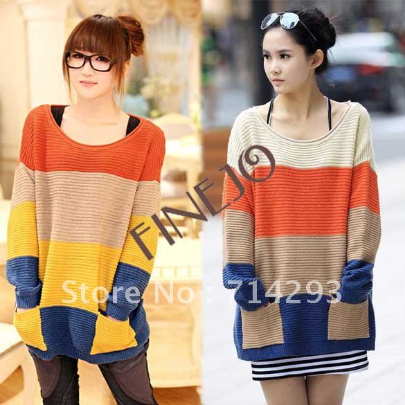 Women's Sweaters Loose Cardigan Jumpers Top Pullover stripe Knitwear 4 Colors free shipping 7709