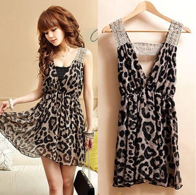 Women's sweet c8a5140 - - sexy double V-neck leopard print one-piece dress