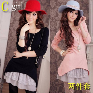 Women's sweet knitted long-sleeve slim suspender skirt one-piece dress twinset