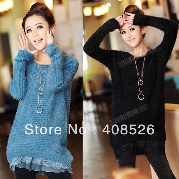 Women's Sweet Lace Detail Hem Long Sleeve Knitted Sweater Top 4 Colors free shipping 9102