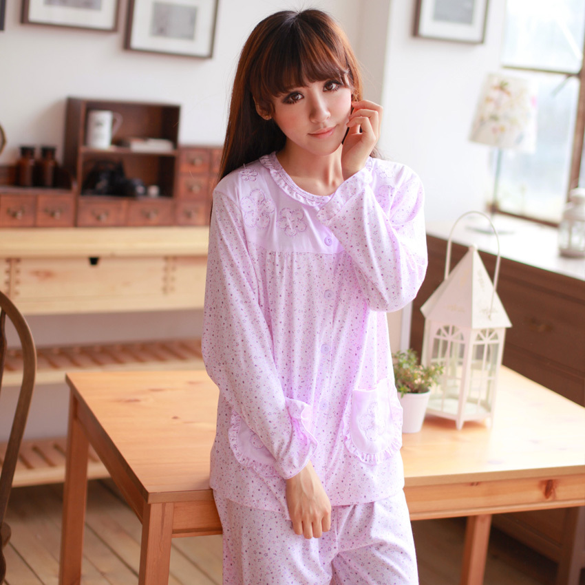 Women's sweet long sleeve length pants sleepwear twinset set cardigan 100% cotton cardigan lounge autumn and winter