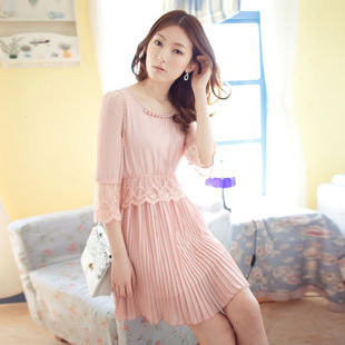 Women's sweet noble elegant slim lace pleated skirt chiffon  dress