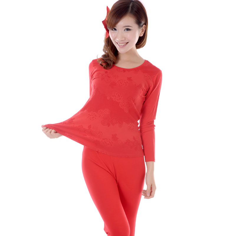 Women's tencel red spring and autumn o-neck thermal underwear set