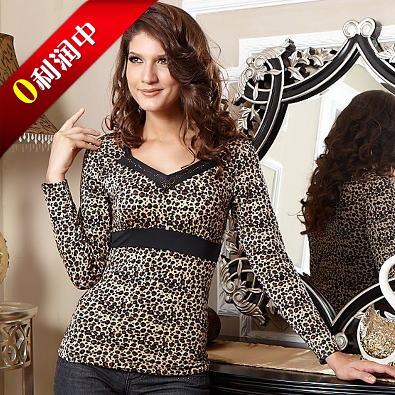 Women's thermal underwear leopard print modal thickening double layer V-neck long-sleeve thermal top V-neck