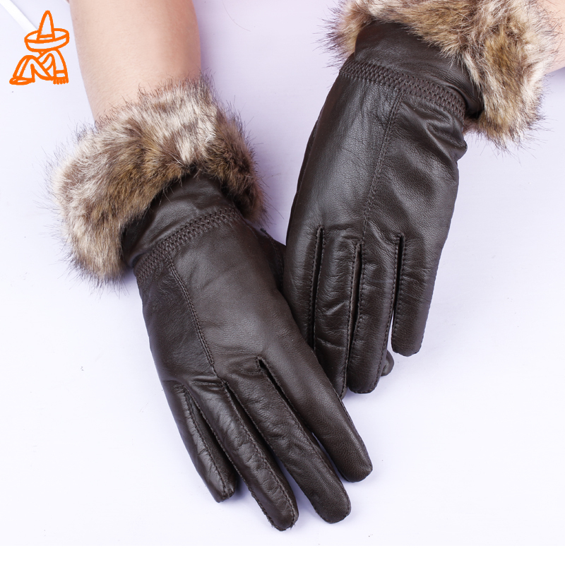 Women's thermal winter fashion sheepskin gloves faux cycling gloves genuine leather