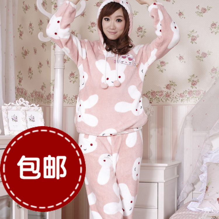 Women's thickening thermal with a hood coral fleece sleep set cartoon rabbit WINNIE