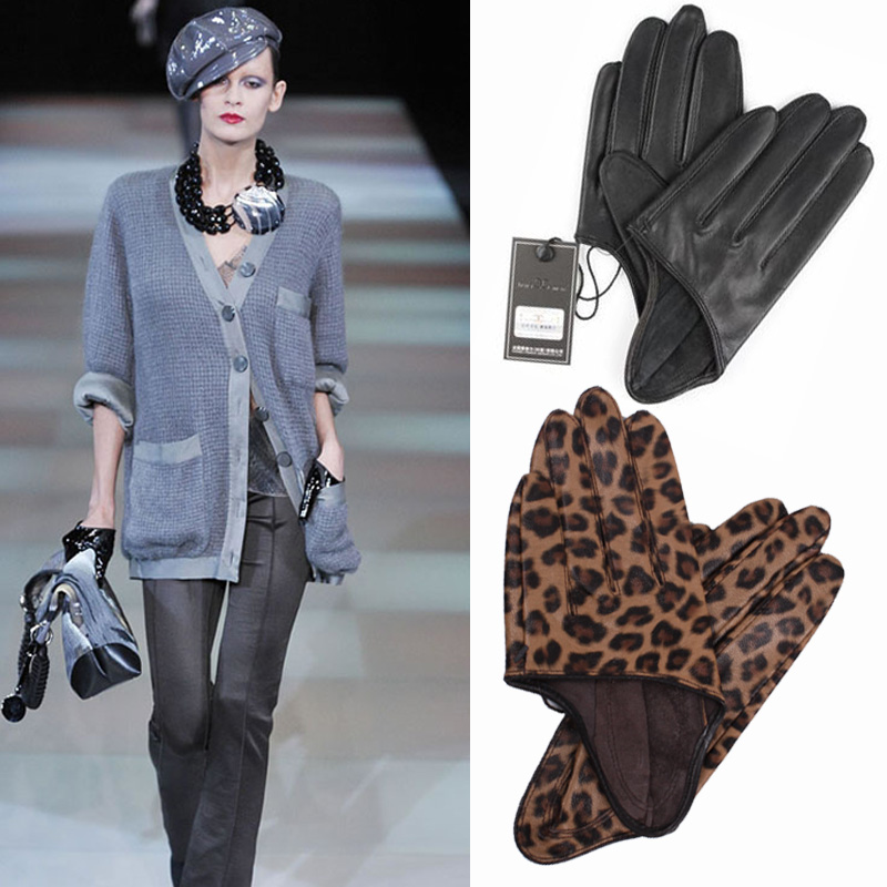 Women's thin hip-hop leather gloves genuine leather short design semi-finger leopard print leather gloves
