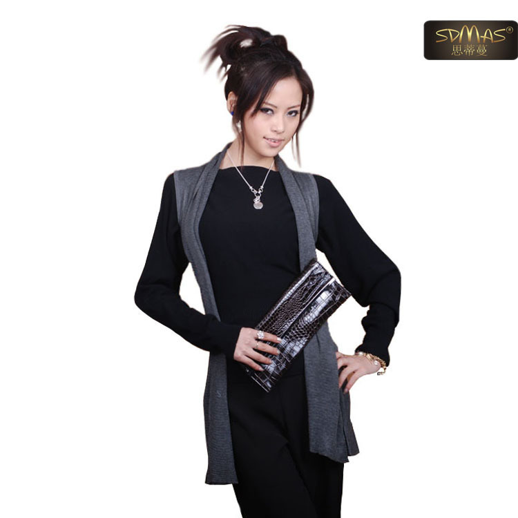 Women's thin sweater knitted outerwear medium-long slim waist vest V-neck cardigan sweater