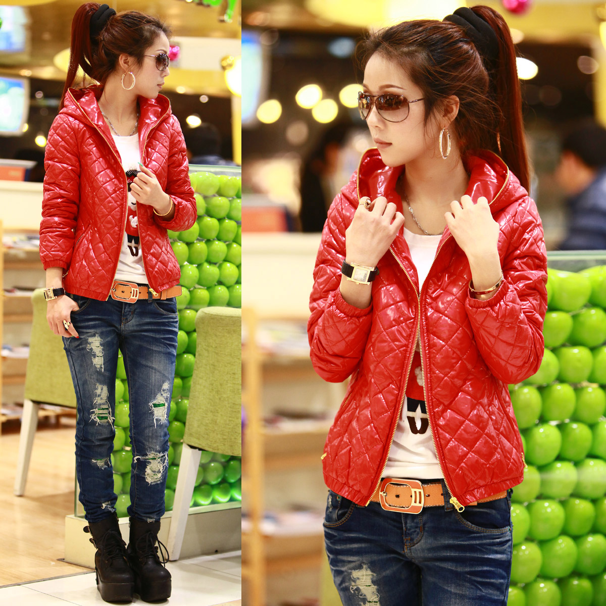 Women's thin wadded jacket 2012 PU water washed leather cotton-padded jacket red outerwear clothes