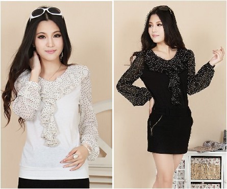 Women's top with polka dots, ruffles&dota blouses for women 2013 chiffon shirt, vintage British style, F-3XL, Free shipping