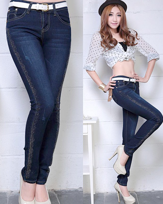 Women's trousers mid waist skinny pants pencil pants slim trousers tights women's with belt denim blue