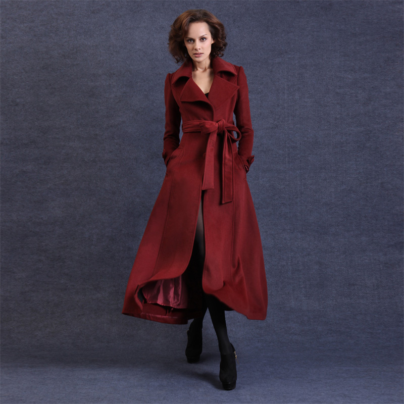 women's turn-down collar long-sleeve slim long design woolen trench outerwear woolen overcoat fy-545