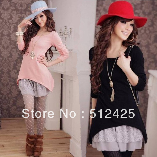 Women's twinset knitted medium-long lace woolen dress one-piece dress slim basic winter sweater dress