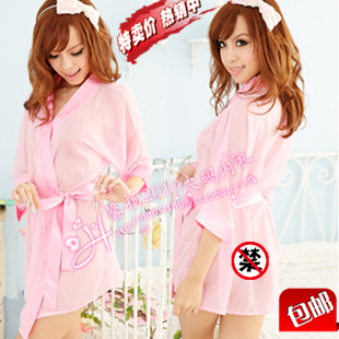 Women's underwear pink tulle belt nightgown women's bathrobes lounge plus size robe