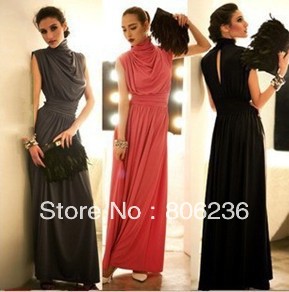 Women's Upgrade Turtleneck Slim Waist Formal Vintage Floor Length Dress A1627
