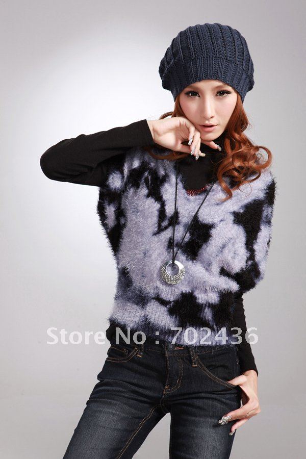 Women's V-neck Floral Pattern Loose Fit All-match Knitting Sweater Grey