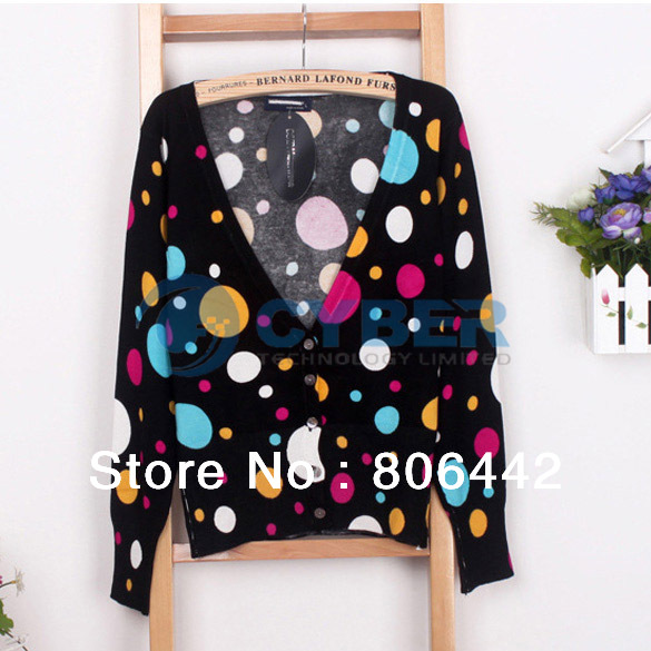 Women's V-neck Round Dots Print Casual Long Sleeve Short Cardigan Knit Sweater Free Shipping 8769