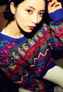 Women's vintage color block stripe loose sweater basic shirt o-neck geometric figure sweater outerwear ,10