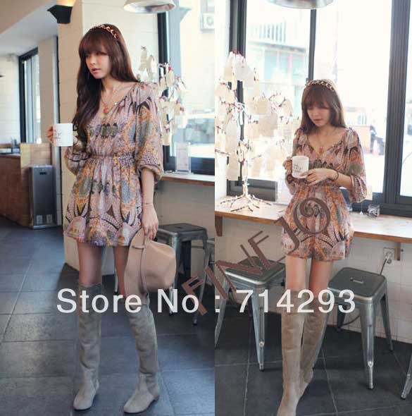 Women's Vintage Style Sexy Long Sleeve Floral Chiffon Dress free shipping 9750