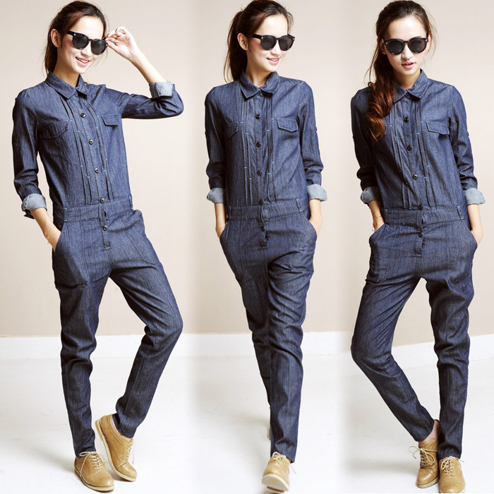 women's vintage tooling pocket long-sleeve dark color denim jumpsuit casual long trousers female