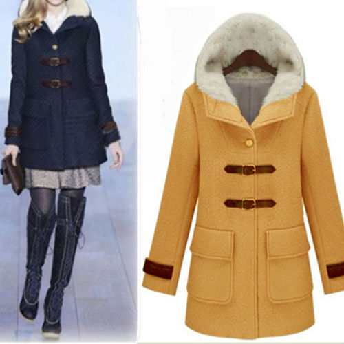 WOMEN'S WARM HOODED DOUBLE POCKET LEATHER BUCKLE CIRCLE WOOL COAT 3761