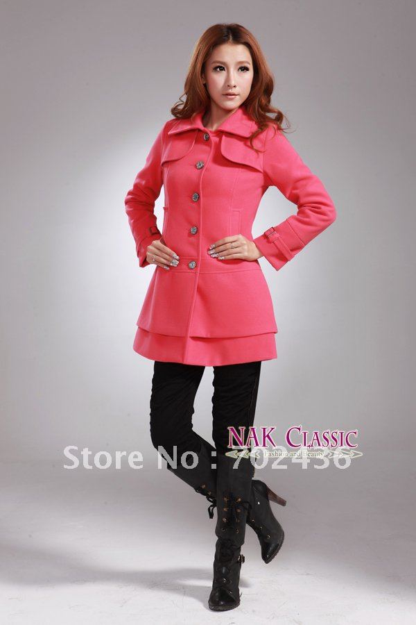 Women's Watermelon Red Slim Fit Lapel Cashmere Coat SIZE M L